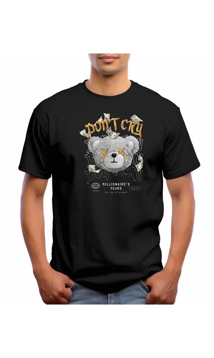 Bestcase Férfi mintás póló, Bear - Don't cry for money, pamut, kerek nyakú, NB662, Fekete
