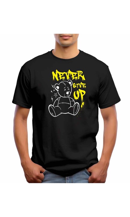Bestcase Férfi mintás póló, Bear - Never give up, pamut, kerek nyakú, NB667, Fekete
