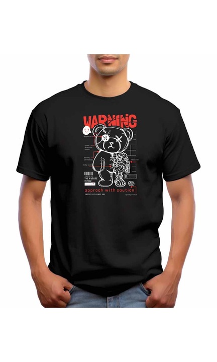 Bestcase Férfi mintás póló, Bear Warning, pamut, kerek nyakú, NB668, Fekete