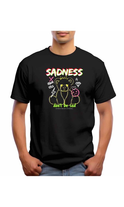 Bestcase Férfi mintás póló, Bear - Don't be sad, pamut, kerek nyakú, NB674, Fekete