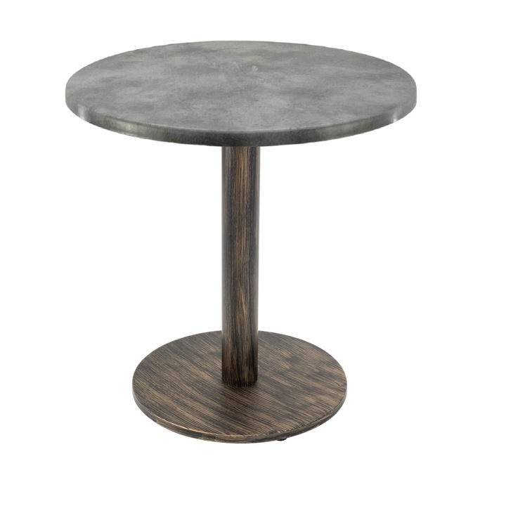 Masa rotunda bistro Raki Copperfield, D60xh74cm, interior/exterior, blat werzalit si picior metalic cu baza rotunda aspect vintage bronz antichizat