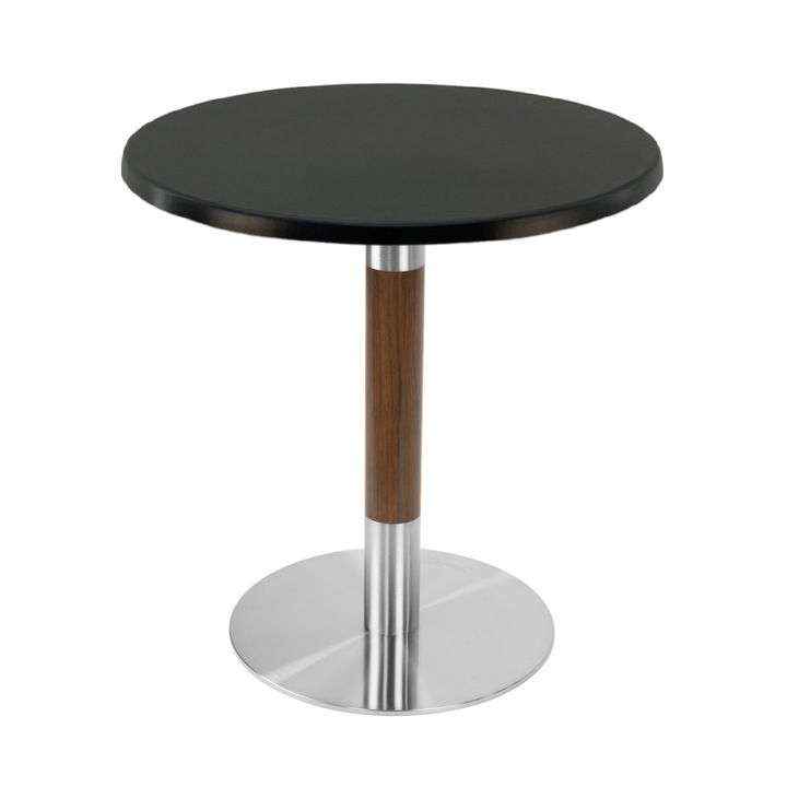 Masa bistro rotunda Raki Black, D60xh74cm, blat werzalitsi picior metalic cu baza rotunda argintiu cu accente aspect lemn
