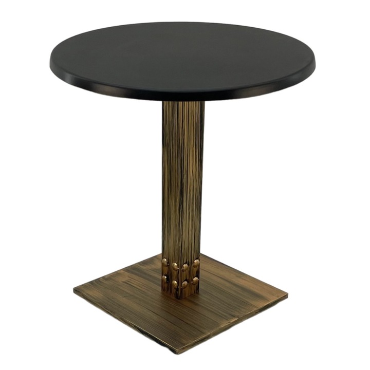 Masa bistro rotunda Raki Black, D60xh74cm, blat werzalit si picior metalic cu baza patrata aspect vintage bronz antichizat