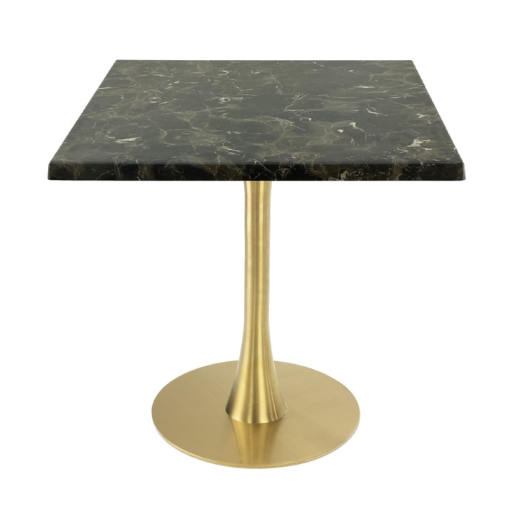 Masa restaurant/cafenea patrata Raki Karacabey Dark Marble, 70x70xh74cm, blat werzalit si picior metalic auriu cu baza rotunda 45cm