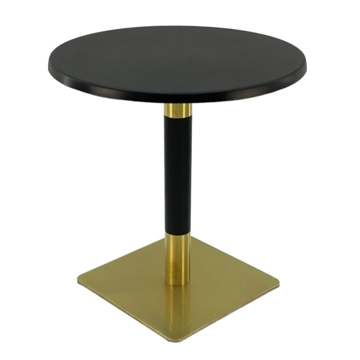 Masa bistro rotunda Raki Black, D60xh74cm, blat werzalit si picior metalic cu baza patrata auriu/negru