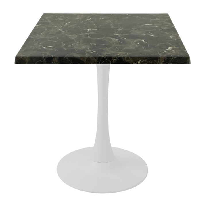 Masa restaurant/cafenea patrata Raki Karacabey Dark Marble, 70x70xh74cm, blat werzalit si picior central metalic alb cu baza rotunda 50cm