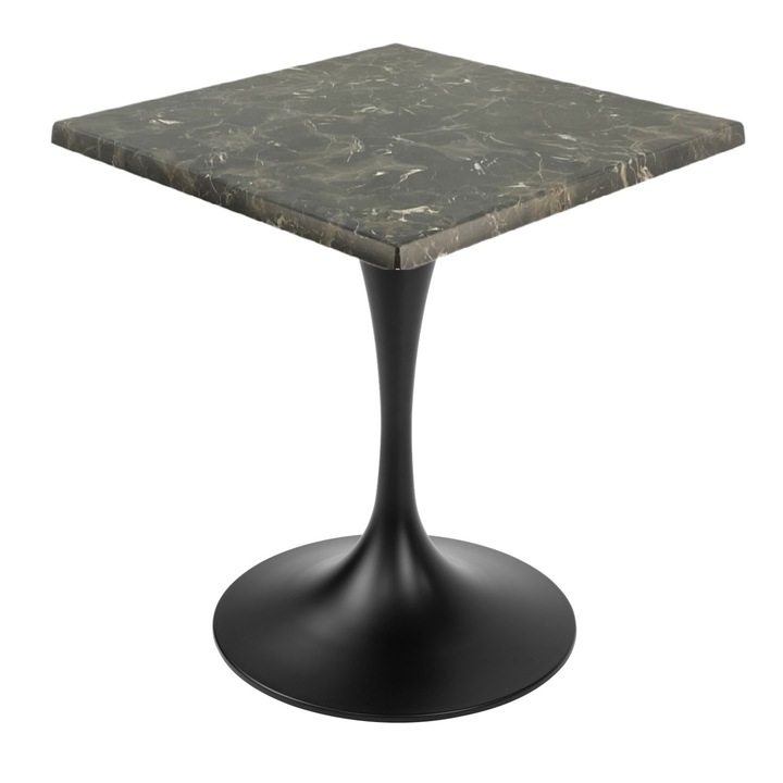 Masa restaurant/cafenea patrata Raki Karacabey Dark Marble, 70x70xh74cm, blat werzalit si picior metalic negru cu baza rotunda 50cm