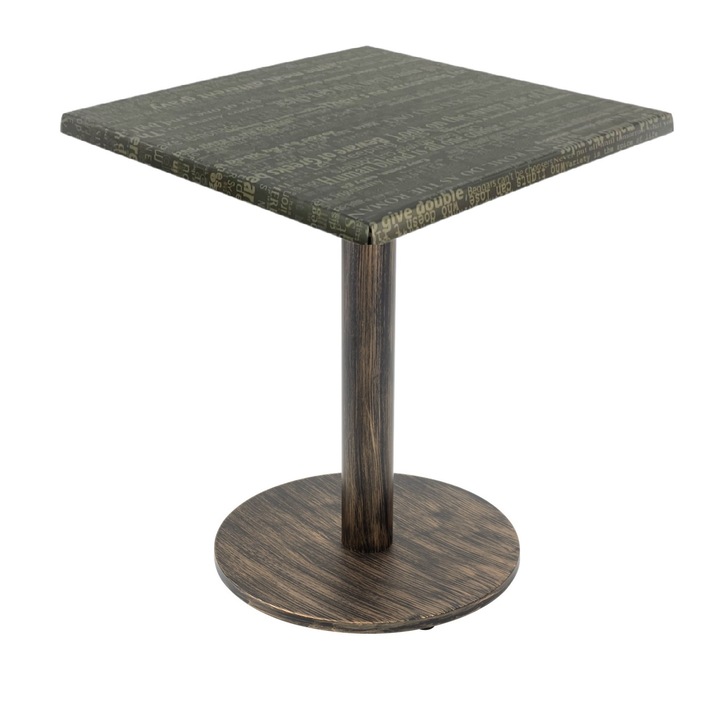 Masa restaurant/cafenea patrata Raki Graphite Night, 70x70xh74cm, blat werzalit si picior metalic cu baza rotunda aspect vintage bronz antichizat