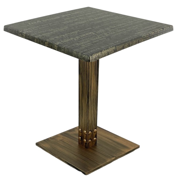 Masa restaurant/cafenea patrata Raki Graphite Night, 70x70xh74cm, blat werzalit si picior metalic cu baza patrata aspect vintage bronz antichizat