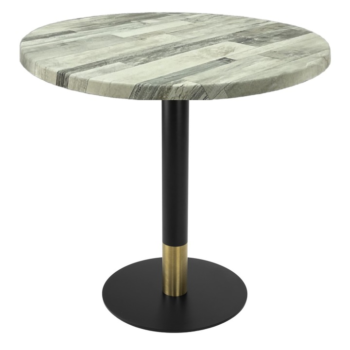 Masa rotunda restaurant/terasa Raki White Block, D80xh74cm, blat werzalit si picior metalic cu baza rotunda negru/auriu