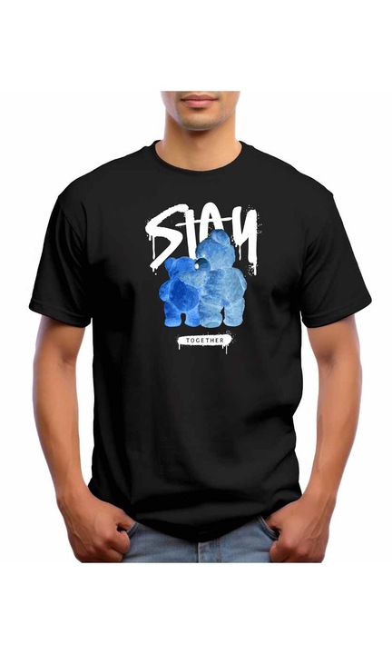 Bestcase Férfi mintás póló, Bear - Stay Together, pamut, kerek nyakú, NB677, Fekete