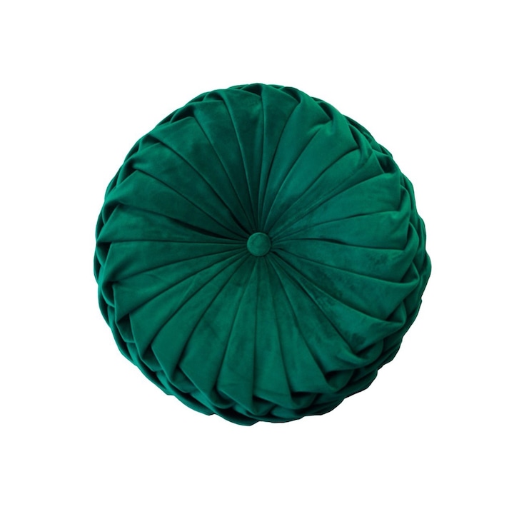 Кръгла декоративна възглавница от изумрудено зелено кадифе, ръчно шита, 38 см диаметър