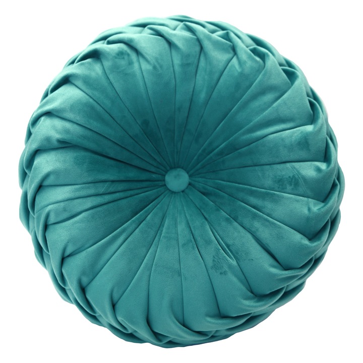 Perna Decorativa Puffet Rotunda din Catifea Turcoaz, Cusuta Manual, 38 cm diametru