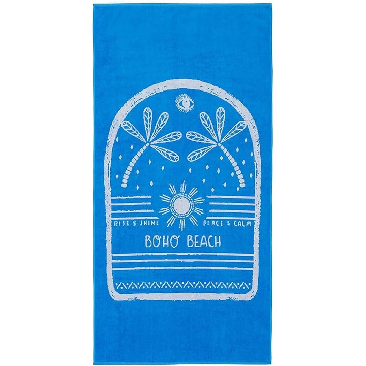 Prosop de plaja, bumbac terry/velur, Boho Beach Albastru, 610g, 90 x 180 cm