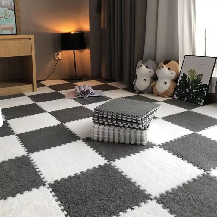 16db sakk típusú szőnyeg szett, gyerekszobába, darab 30 x 30 x 1,5 cm, szerelt 1,2 x 1,2 méter, textil anyagú, csúszásmentes hab alap, szürke-fehér, CLD Care Love Devotion