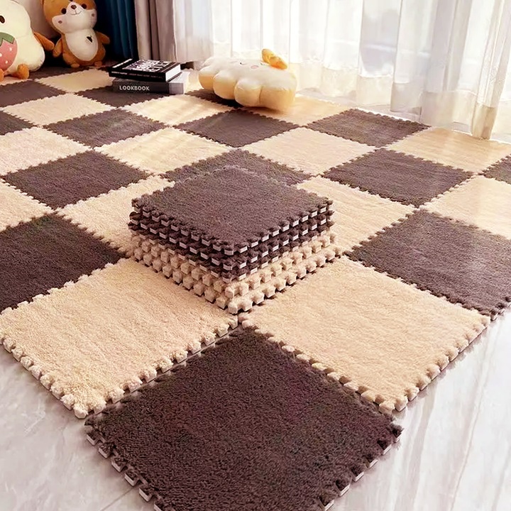 16db sakk típusú szőnyeg szett, gyerekszobába, darab 30 x 30 x 1,5 cm, szerelt 1,2 x 1,2 méter, textil anyag, csúszásmentes hab alap, barna-bézs, CLD Care Love Devotion