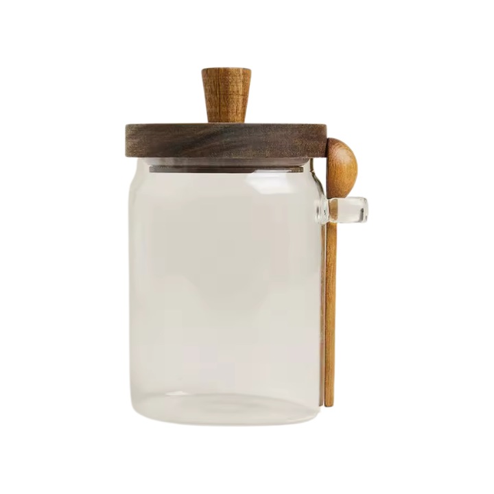 Recipient depozitare cu capac si lingurita de lemn, Ivosa, 500 ml, rotund, transparent