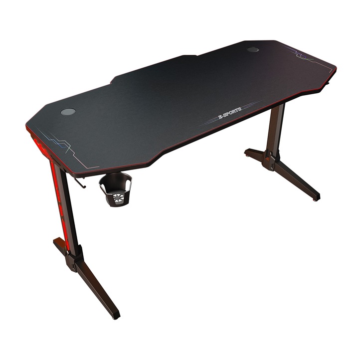 Birou gaming, LED, Cu mouse pad, Suport pentru bauturi si carlig pentru casti