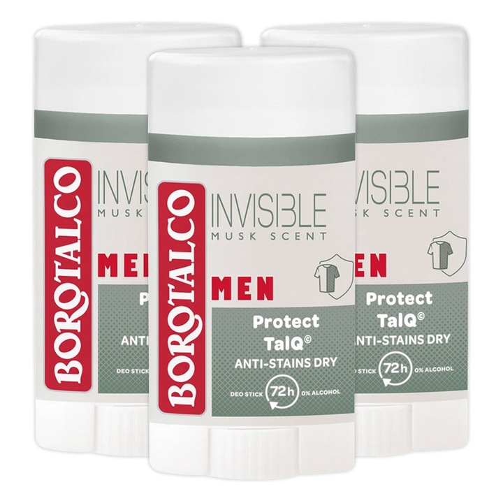 Pachet 3 x Deodorant Stick Borotalco Men Invisible, Musk Scent, 40 ml