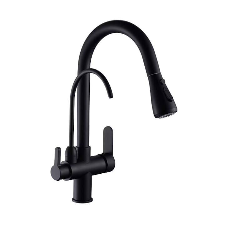 Смесител, Кухня, изтеглящ се душ, 2 вида струя, изход за филтър за пречистена вода, черен мат