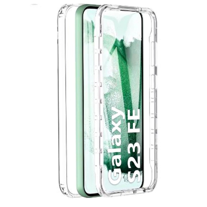 Samsung Galaxy S23 Fe-vel kompatibilis tok, 360 teljes fedél, teljes védelem elöl + hátul, átlátszó, atlasz