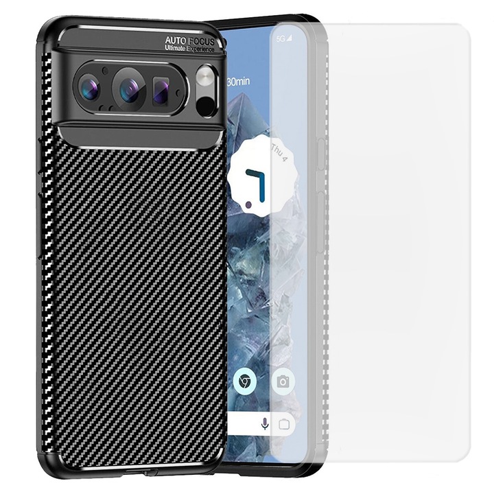 Set protectie Carbon Stripe compatibil cu Google Pixel 9 Pro, Acoperire 360, Protectie camera, Margini Ridicate, Constructie Ultra-Slim, Anti-amprente, Rezistent la socuri, Silicon/TPU, Negru