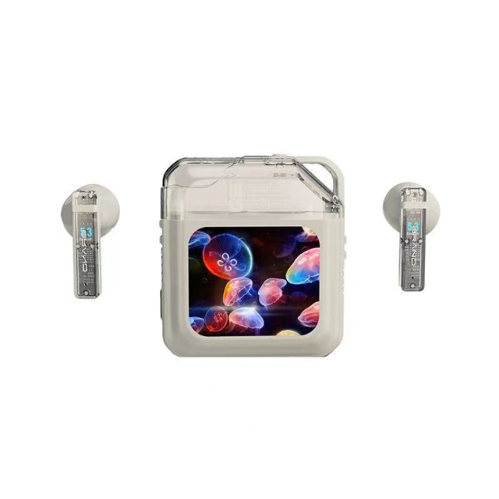 Bluetooth fülhallgató érintőképernyővel, APP vezérlés, óra, zajcsökkentés, EQ beállítás, hosszú akkumulátor élettartam, fehér