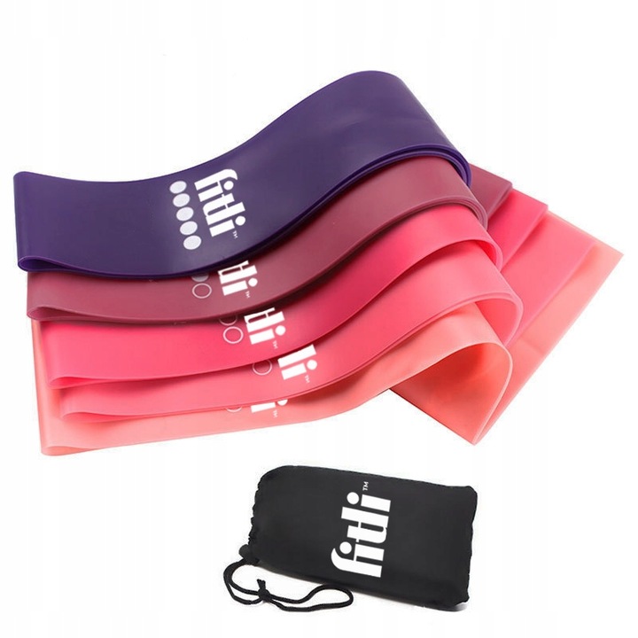 Set 5 benzi elastice cu diferite niveluri de dificultate, FitLi, Multipink