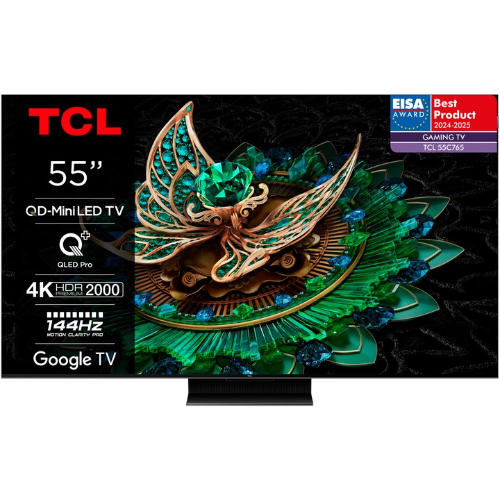 Телевизор TCL MiniLed 55C765, 55" (139 см), Smart Google TV, 4K Ultra HD, 100Hz, Клас F (Модел 2024)