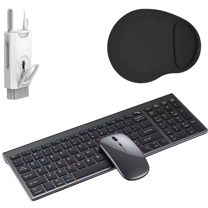 Set Tastatura si Mouse Elxicor cu Baterie Reincarcabila. Design Elegant, Ergonomic si Confortabil, Conectivitate Universala, Sensibilitate Reglabila, Compatibile cu orice Dispozitiv, Mousepad si Kit de Curatare incluse