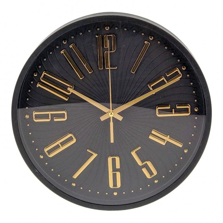 Стенен часовник, пластмаса, арабски цифри, 25x25 см, черно-злато