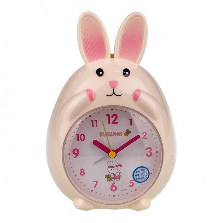 Ceas de Masa Iepuras, Plastic, Cifre Arabe, Lumina si Muzica, 13x19cm, Roz