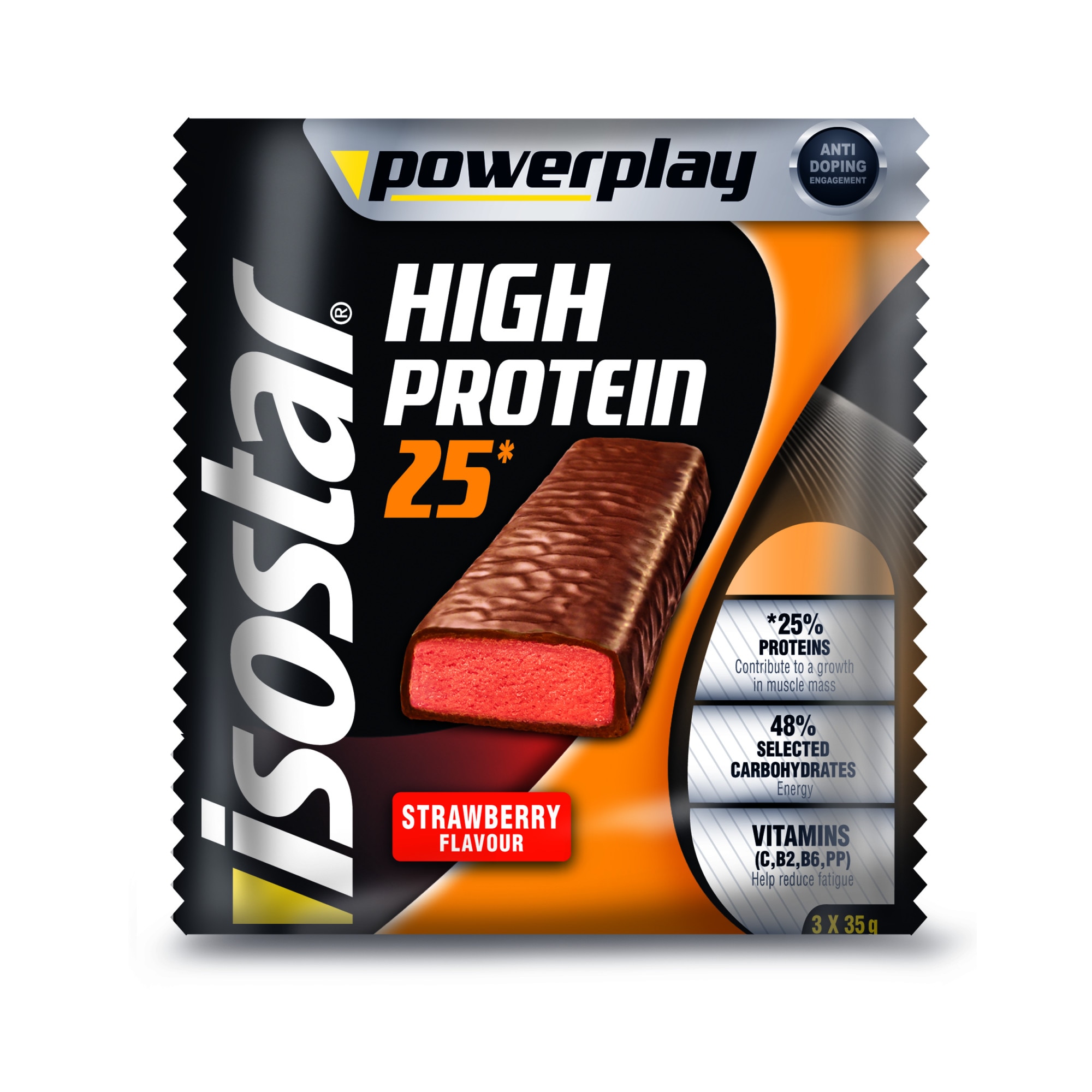 Isostar Powerplay High Protein Baton Capsuni, 3 x 35 g
