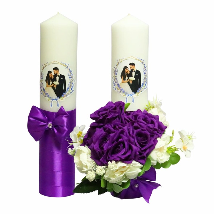 Set Lumanari Nunta, Mire Mireasa, 2 Bucati, Mov, 35 cm, LN020