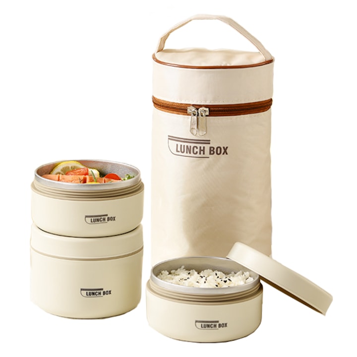 Set 3 Caserole Termice cu Geanta Transport Termica, 2AMNOVA, Capacitate 1480 ml, Recipient Termic ManCare, Etans, Pastreaza Cald si Rece, Lunch Box Termic pentru Birou, Scoala si Calatorii, Crem