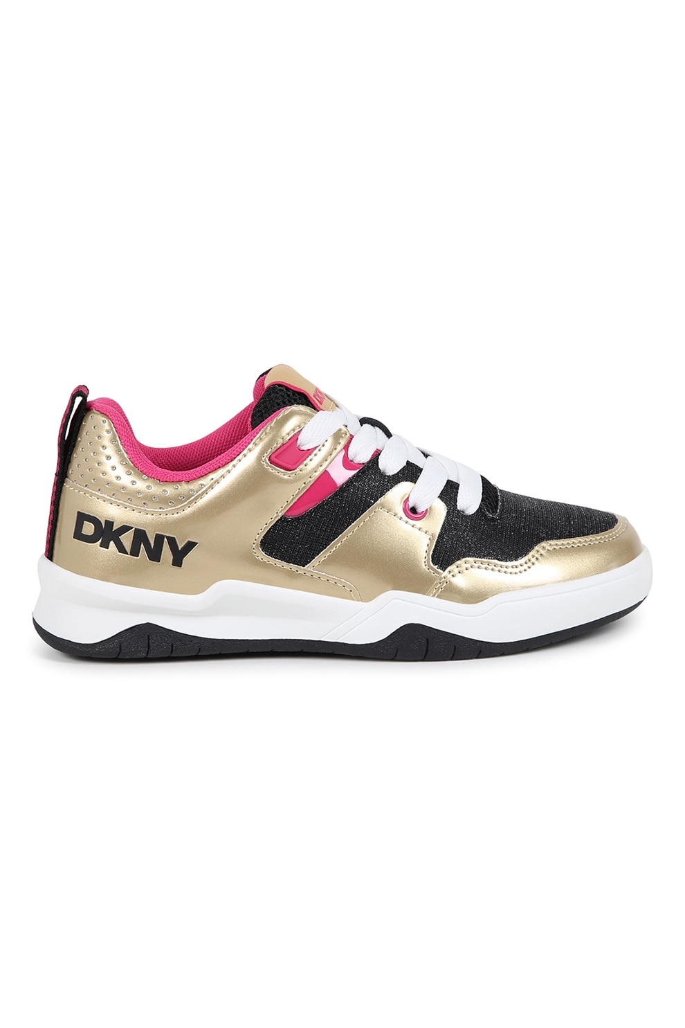 DKNY, Pantofi sport cu talpa wedge si sireturi, Auriu, Negru, 33 EU
