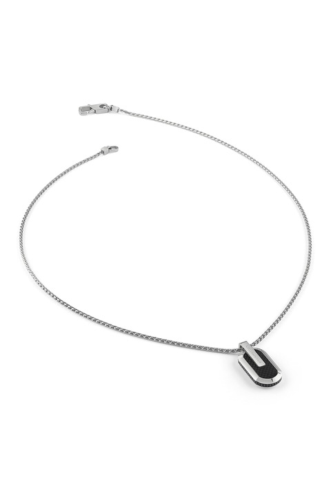 GUESS, Colier cu pandantiv placuta, Negru, Argintiu