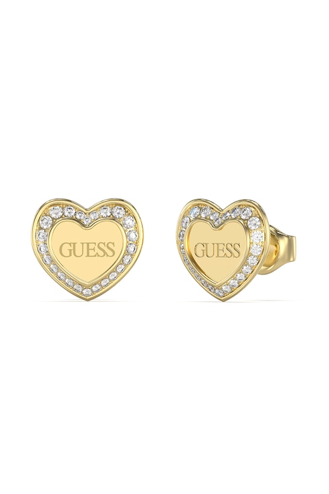 GUESS, Cercei in forma de inima placati cu aur si decorati cu logo, Auriu