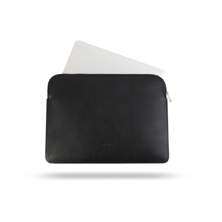 Geanta/Husa universala premium pentru laptop din piele naturala cu fermoar, 13-14 inch, culoare Neagra