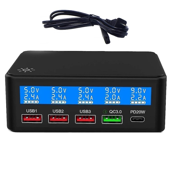 Зарядна станция 5 порта с 65W дисплей, Fast Charge QC 3.0, USB изход 2.4A, 3 x USB 3.0 Quick Charge, 1 USB порт тип C, захранващ адаптер, за IPhone X, Iphone XS, Iphone, IPad, Samsung Galaxy S8 Edge, LG G5, Nexus