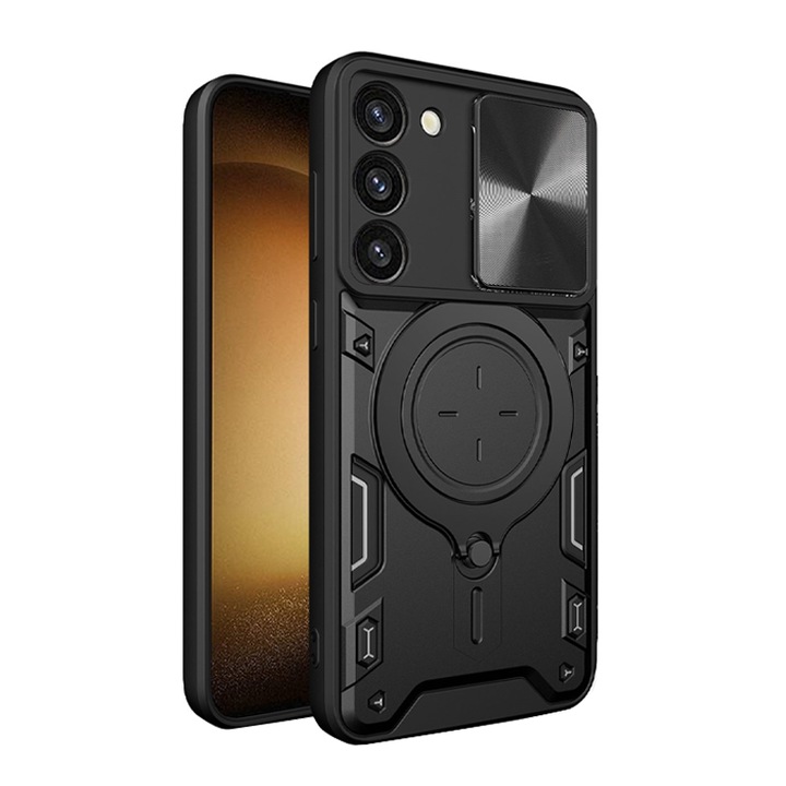 Husa de Protectie compatibila cu Samsung Galaxy S23 FE, Anti-Shock Resistance, Magnet Suport Auto, Inel Rotativ, Functie Stand, Protectie camera glisanta, Negru