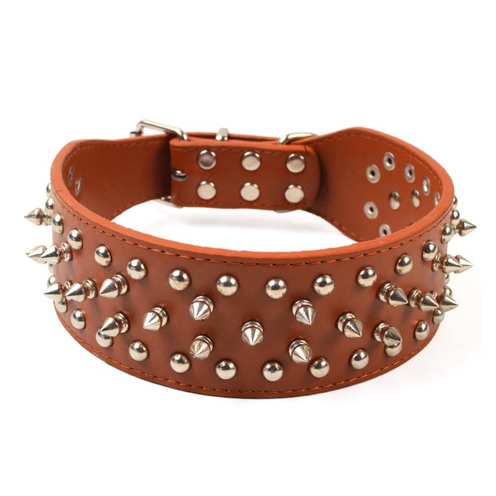 Kutya nyakörv QttvbTna, természetes bőr, tüskés, állítható, barna