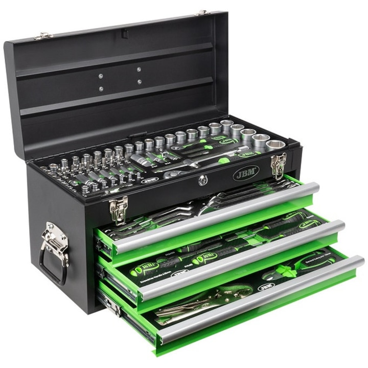 Trusa cu 143 scule auto JBM, 3 sertare, prindere 1/4 inch, 1/2 inch, cutie metalica, verde/negru