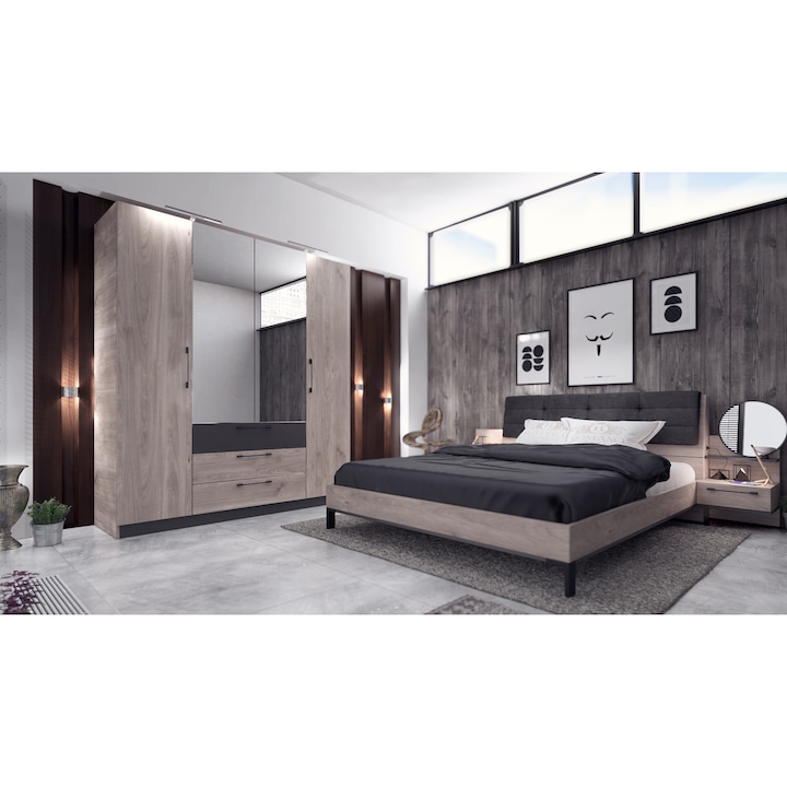 Спален комплект MBX, Pulse, гардероб, легло, 2 нощни шкафчета, greige castello oak, anthracite