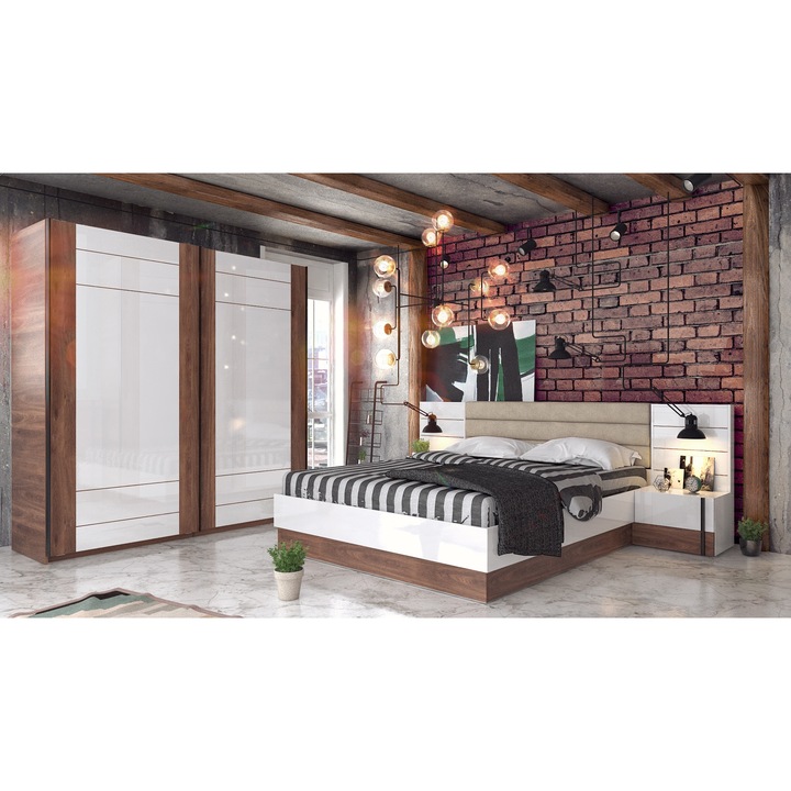 Set dormitor, MBX, Dulap, Pat, 2 noptiere, Stejar brandy castello