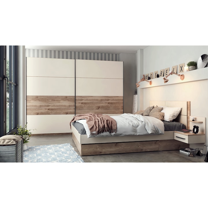 Спален комплект MBX, Treviso, гардероб, легло, 2 нощни шкафчета, honey castello oak, champagne
