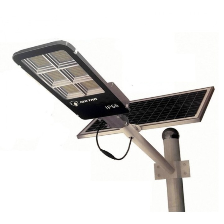 Улична соларна лампа Jortan със соларен панел и стойка, 400W, IP66, 12-16 часа автономия, Соларен панел 28W, Батерия 30 000mAh, 6500K, Черен