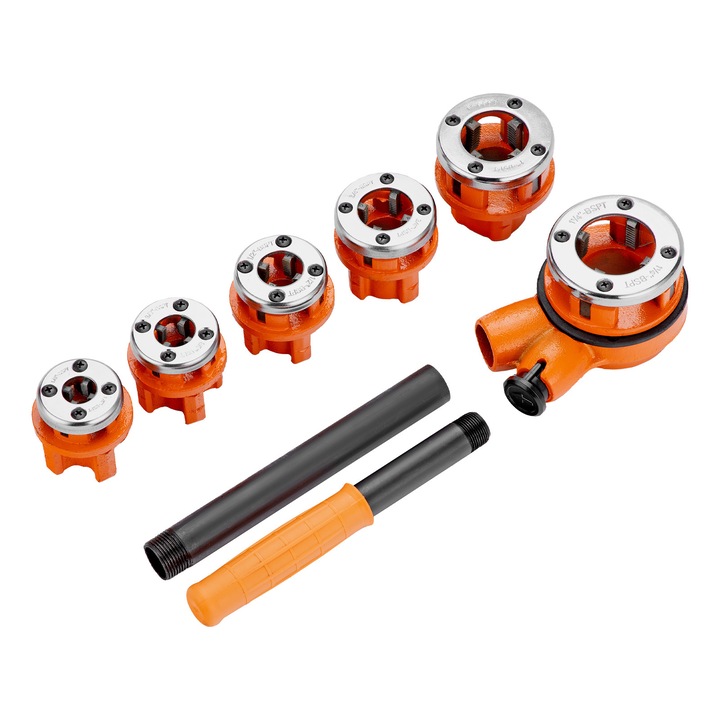 Комплект за нарязване на резби Sparta, глави 1/4"-3/8"-1/2"-3/4"-1"-1 1/4", тресчотка, стомана 9ХС, 9 части