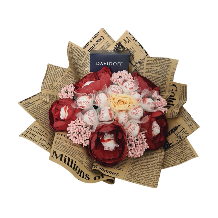 Buchet din dulciuri, 16 praline raffaello, 5 bujori, cafea Davidoff 250g