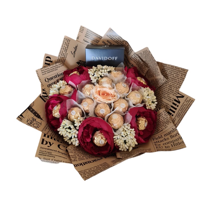 Buchet dulce din praline de ciocolata Ferrero Rocher, cafea Davidoff si bujori din material textil